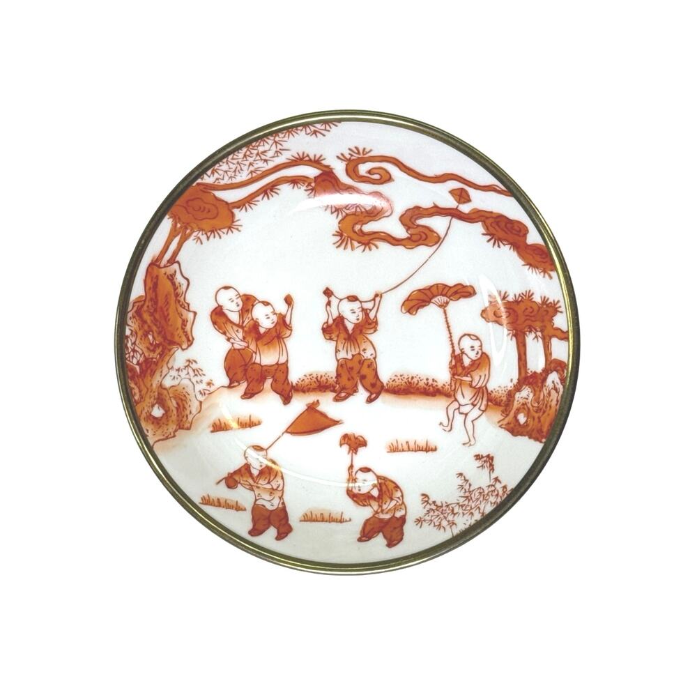 Vtg T.F.F. Oriental Kids Playing Brass Encased Porcelain Decorative Bowl‎ 5.5"